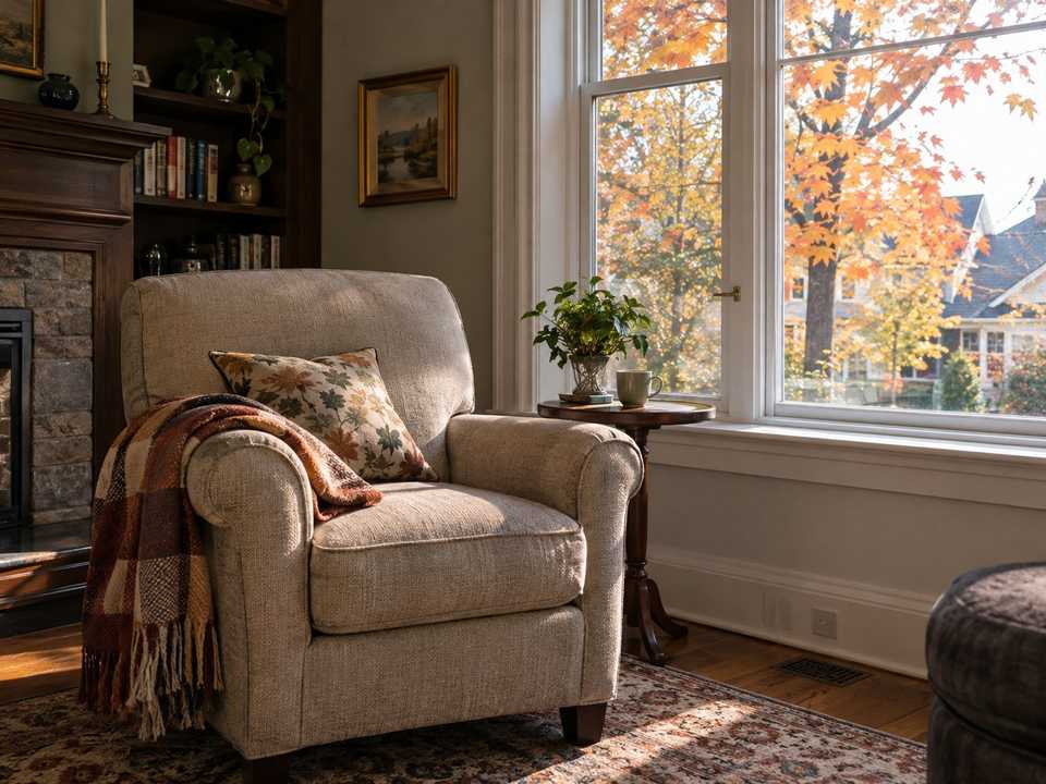 An armchair with a folded blanket beside a window in a quiet Hamilton living room in autumn
