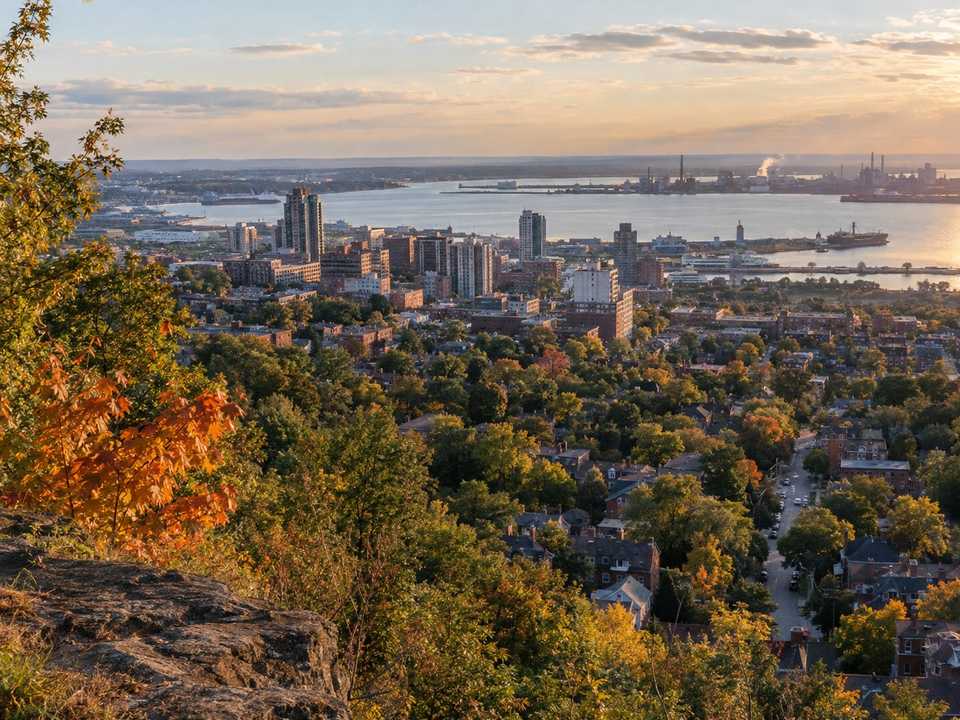 Hamilton seen from the edge of the escarpment in autumn: the lower city's tree-lined streets, downtown and the harbour beyond