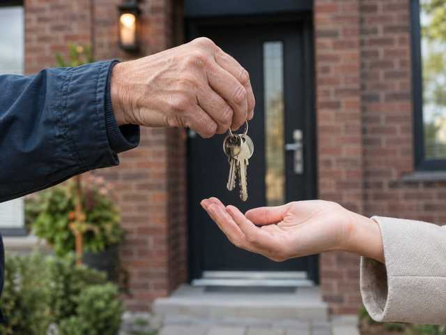 An older person's hand passing house keys to a younger adult outside a brick townhouse in Hamilton