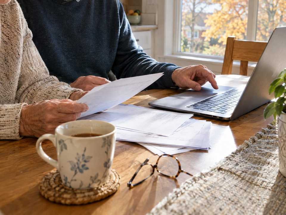 An older couple's hands with papers and a laptop at a kitchen table in a Hamilton home