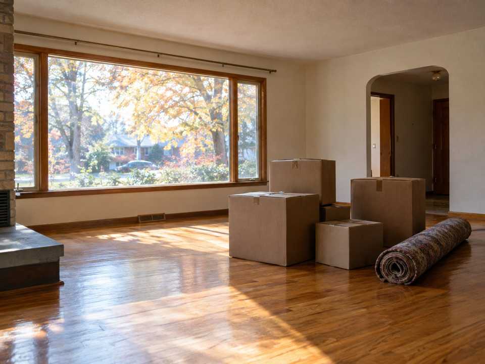Moving boxes and a rolled rug in the bright living room of a 1960s bungalow