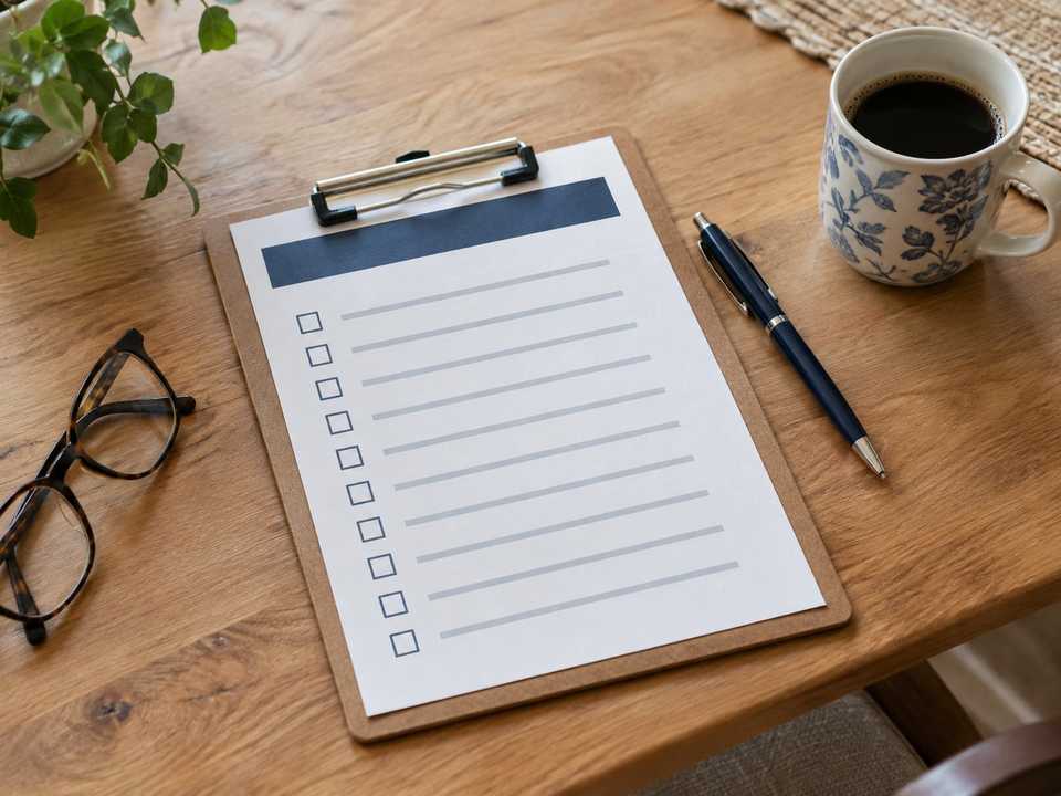 A printed checklist on a clipboard beside reading glasses, a pen and a mug on a kitchen table