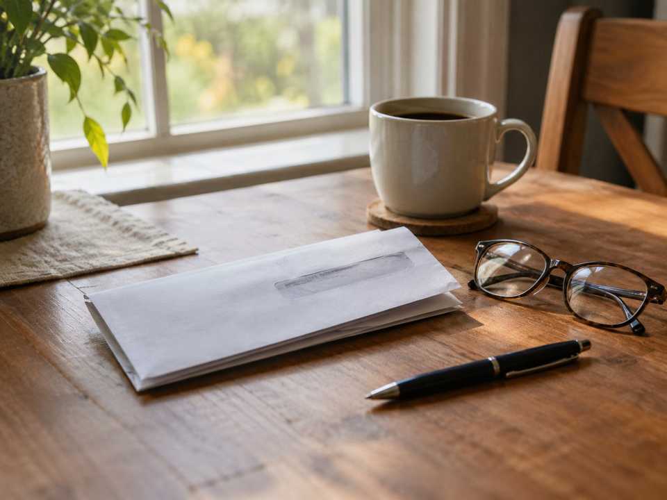 A property tax envelope, reading glasses and a coffee on a kitchen table