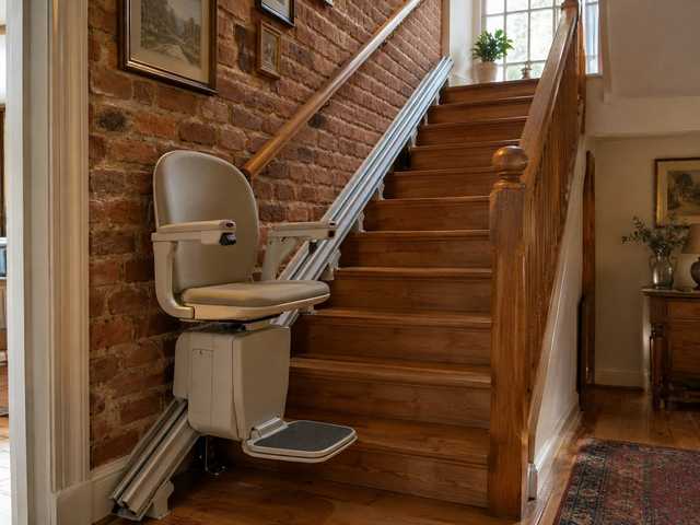 A stair lift on the wooden staircase of an older Hamilton brick home