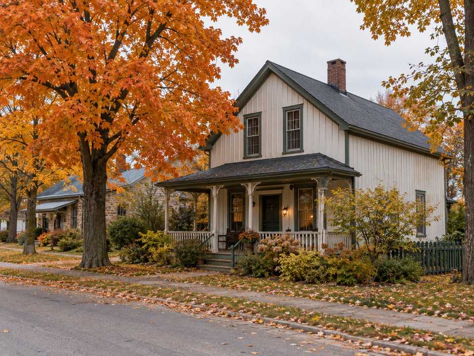 A restored 1870s village house with a front verandah under orange maples in Waterdown